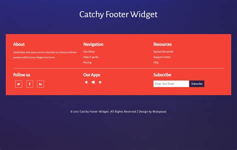 Footer widge - Oct 22, 2014 · Create a footer that users can customize with their own content. Add a customizable sidebar to a blog. A widget is a PHP object that outputs some HTML. The same kind of widget can be used multiple times on the same page (e.g. the Text Widget). Widgets can save data in the database (in the options table). 